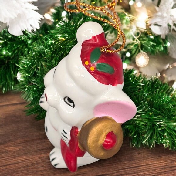 Vtg Ceramic Mouse Christmas Ornament Holding Goldtone Bell 3" Hand-Painted 1980s - Picture 5 of 8